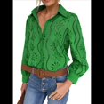 thumbnail image 3 of Blusa de Mujer con Mangas Largas Abullonadas, Cuello en V, Botones, Encaje Calado y Bordado Verde L, 3 of 10