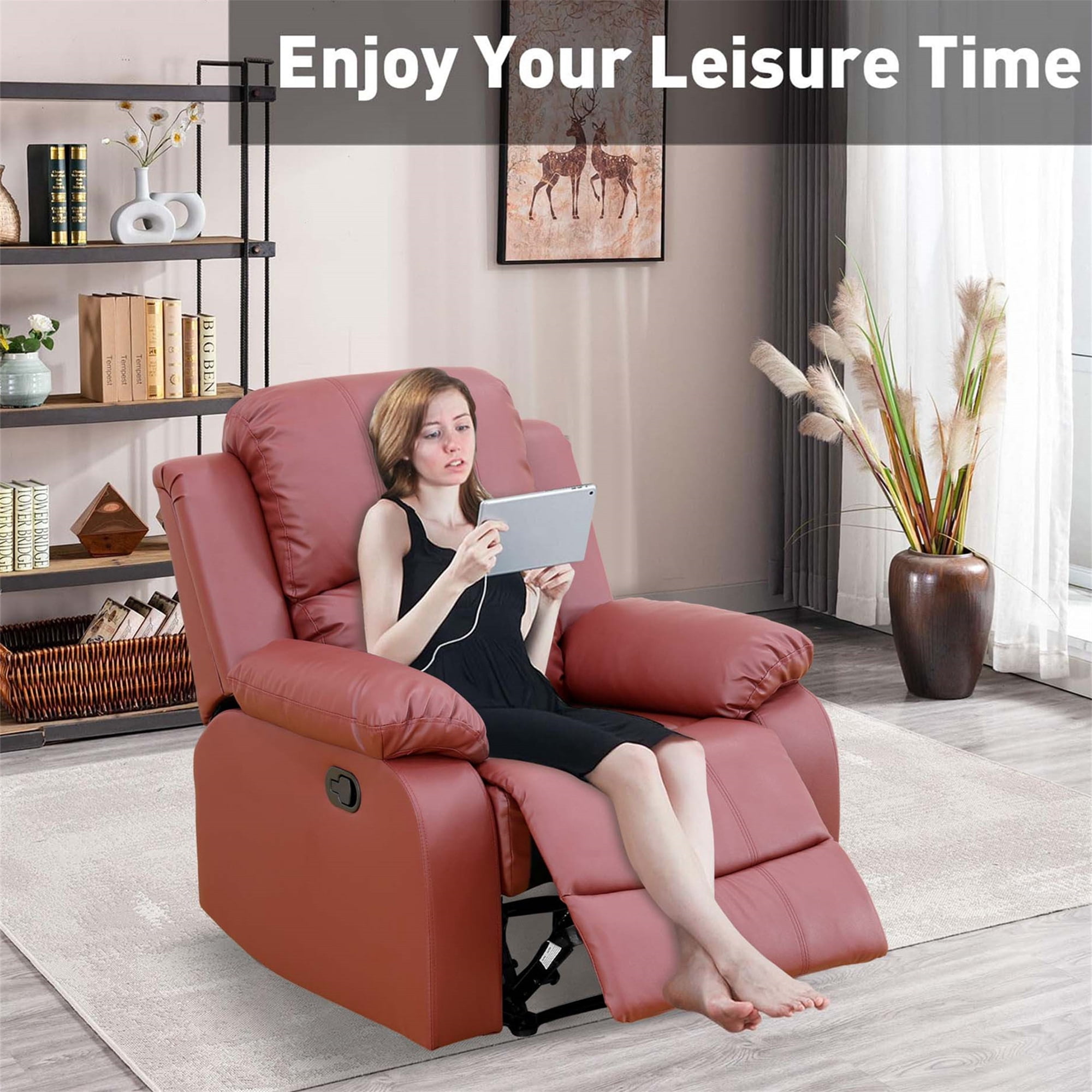 Aukfa Faux Leather Manual Recliner Chair Single Sofa Armchair for Living Room, Bedroom, Red
