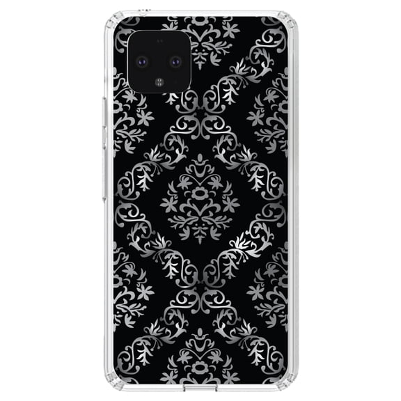 DistinctInk Clear Shockproof Hybrid Case for Google Pixel 4 XL (6.3" Screen) - TPU Bumper, Acrylic Back, Tempered Glass Screen Protector - Black White Silver Grey Damask - Floral Damask Pattern