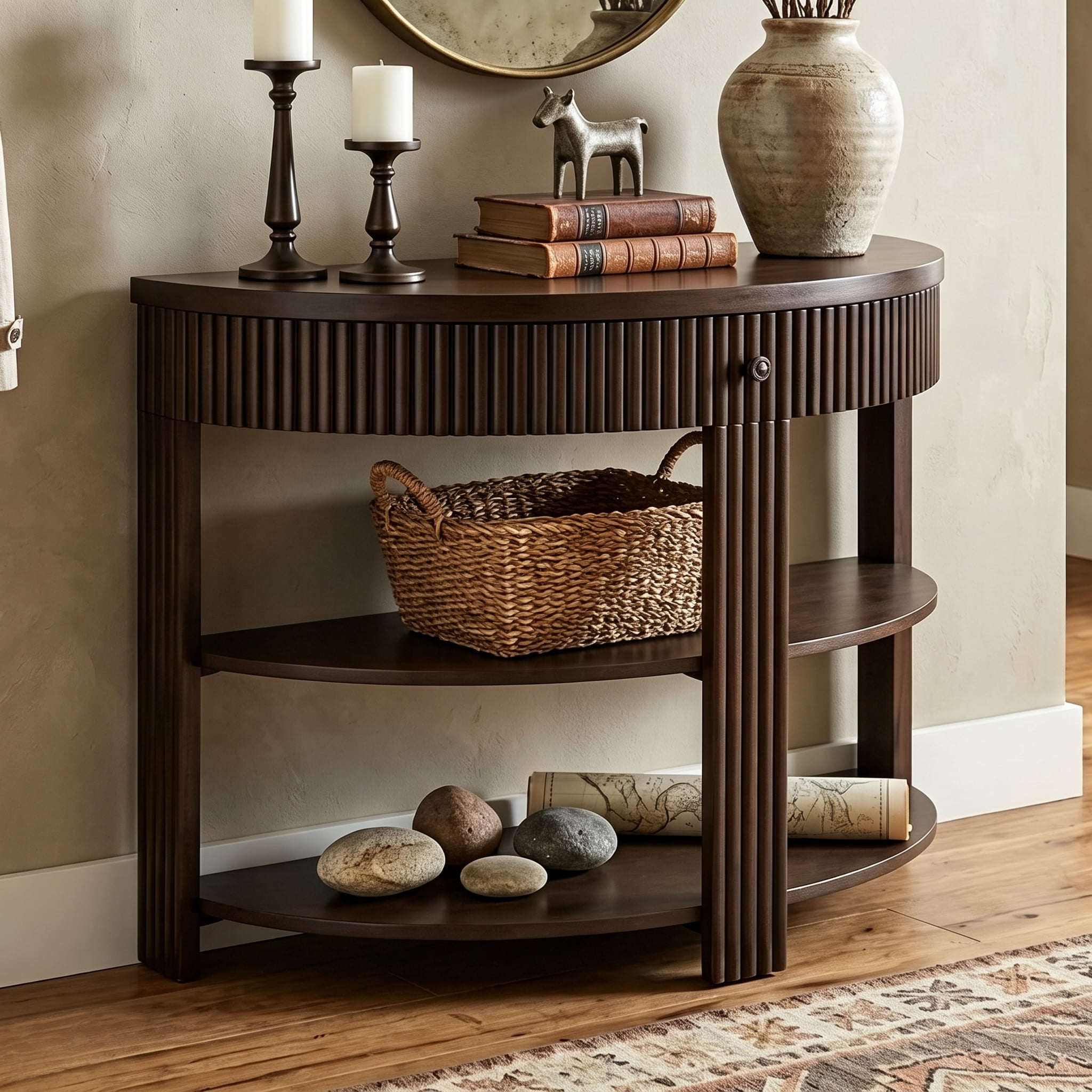 Aukfa 37" Fluted Half Moon Console Table with Drawer & Open Shelves, Entryway Accent Table for Living Room Hallway, Espresso