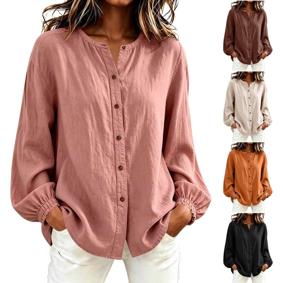 FAIWAD Linen Shirts for Women Elastic Cuffs Long Sleeve Button Up Blouse Casual Work Daily Tops