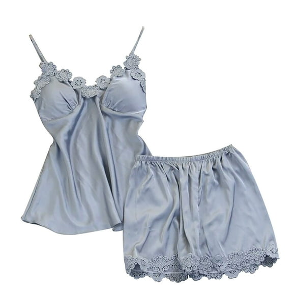 SwiftWear Women's Floral Lace Satin Pajama Set - Sleepwear & Loungewear Satin Camisole with Built-in Bra and Shorts Comfortable Nightwear Gray