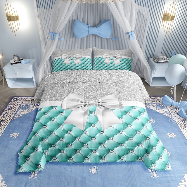 Erosebridal Sequin Print Bedding Twin Comforter Set, Cartoon Bowknot Down Comforter, Geometric Decor, Reversible 2pcs
