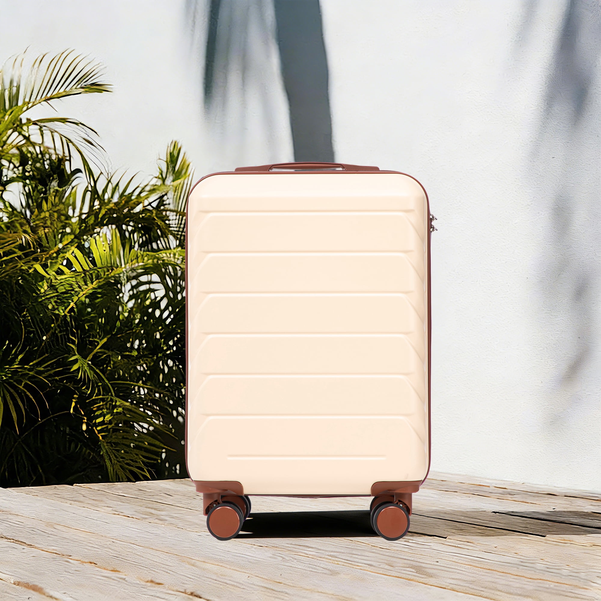 Merronix 20" ABS Hard Shell Large Travel Checked Luggage with 360° Spinner Wheels, Hardside Suitcase with Combination Lock and Side Hooks, Beige