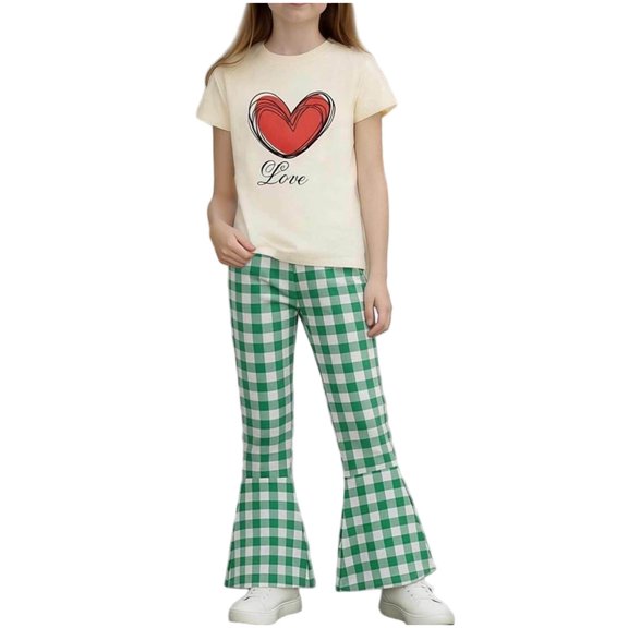 WRKEKC Girls 2 piece Outfits Heart Print Short Sleeve Round Neck T Shirt and Flare Pants Set for 2-12 Years