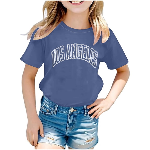 Riecok Short Tops Sleeve Shirts for Girls Printed Tops 3-14 Years Short Sleeve Round Neck Graphic T-Shirt Fashion Girls And Boy T-Shirt Tee Summer Comfortable Blue 9 Years