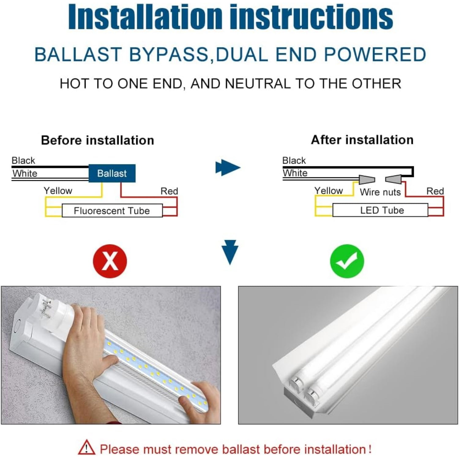4FT T8 LED Type A+B Tube Light Bulbs, 24W 5000K 3200LM, Plug and Play or Ballast Bypass, 4 Foot T12 LED Replacement for Flourescent Tubes, Dual-end Power, Clear, Warehouse Shop Lights (6-Pack)