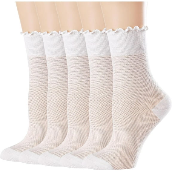 Women's Ruffle Socks,Casual Ankle Mesh Breathable Cool Knit Cotton Cute Crew Frilly Sock 5 Pack White