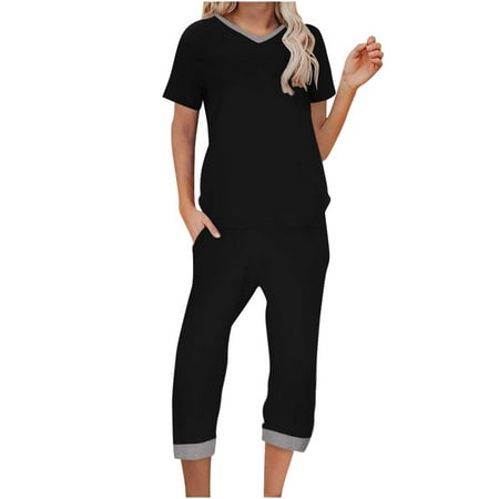 

Womens Summer Pajamas 2 Piece Casual Comfy Short Sleeve V Neck Tops and Capri Pants Sets Sleepwear Pjs with Pockets