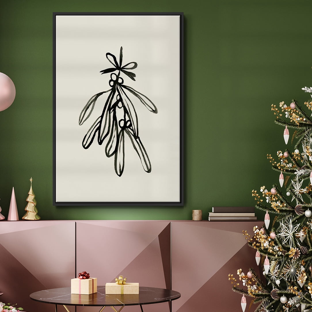 Mistletoe Sketch with Bows II - Framed Gallery Wrapped Holiday Canvas - 17 x 25 - Black Frame