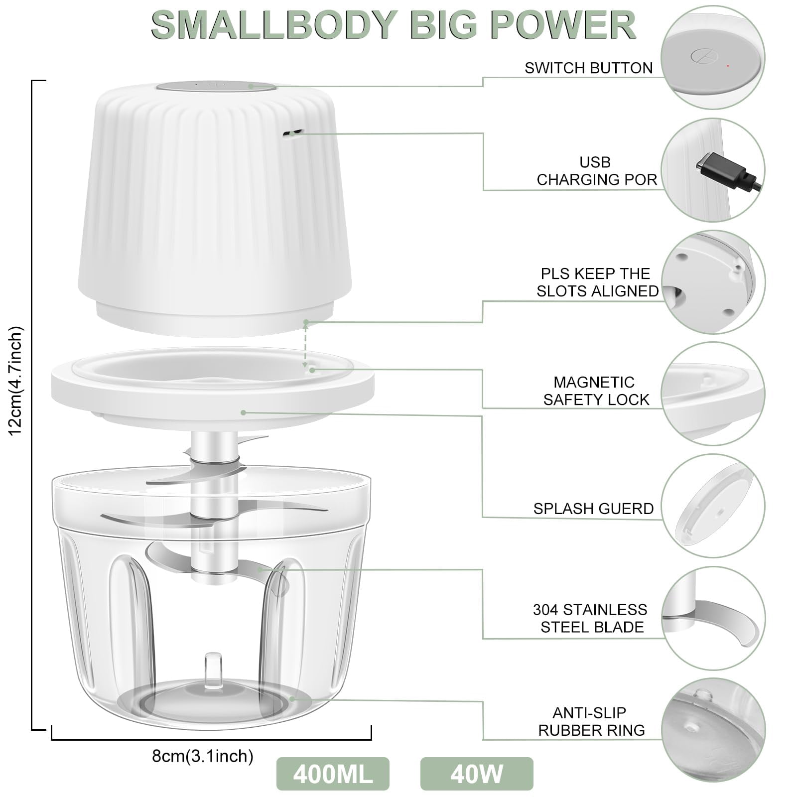 Electric Garlic Chopper 250ML, Mini Vegetable Chopper 2 in 1 Food Chopper Garlic Mincer with Egg Beater, Onion Chopper, USB Portable Small Food Processor for Veggie, Garlic, Ginger, Chili