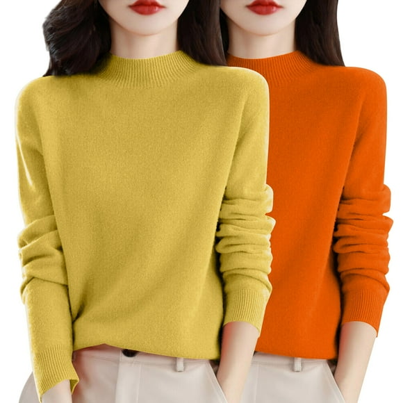 ManxiVoo Women's Soft Comfortable Round Neck Pullover Sweater Set for Autumn Winter Cozy Knitwear L Size Orange