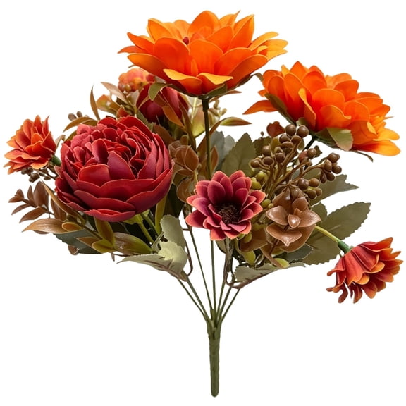 Fall Flowers Artificial Mums, Silk Bouquet Faux Poeny Sunflowers Floral Fake Mum Arrangements Home Indoor Outdoor Planter Decor Party Wedding Table Autumn Decoration