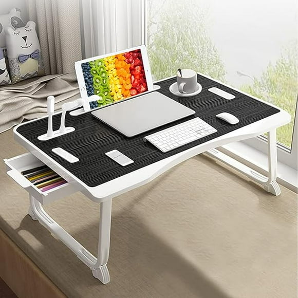 Laptop Bed Table, Laptop Desk for Bed, Foldable Laptop Bed Desk with USB Charge Port, Handle, Desktop Card Slot, Cup Slot, Side Drawer, Portable Laptop Table for Bed Eating Reading Working Black