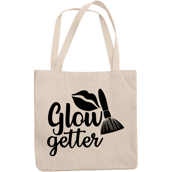 12oz Canvas Tote Bag - Glow Getter with Powder Brush & Lips Design - Beauty Themed Merch for Makeup Artist or Cosmetologist, Gift for Makeup Lovers & Beauticians