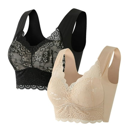 ATOYSOY Women s 2 Pack Plus Size Everyday Bra Slim Basic Tank Tops Lace Splicing Small Cup Wirefree Teens Bralette Underwear Breathable Push Up Clearance Comfort Bra Black L