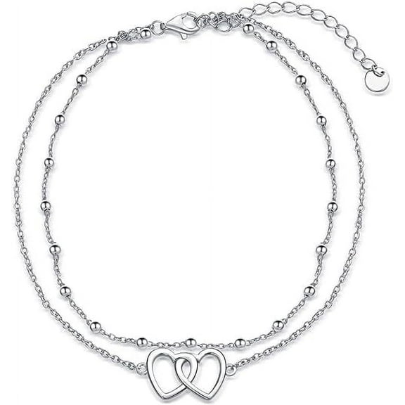 SOULMEET Sterling Silver Heart&Heart Lab Grown Silver Anklets, 9 in Rosary Chain, Includes Gift Box