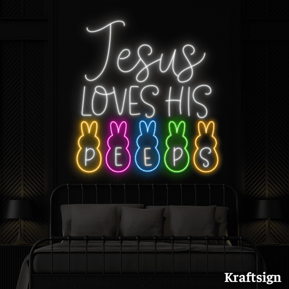 Craftnamesign Jesus Love His Peeps Neon Sign, Rabbit LED Sign, Easter Decor