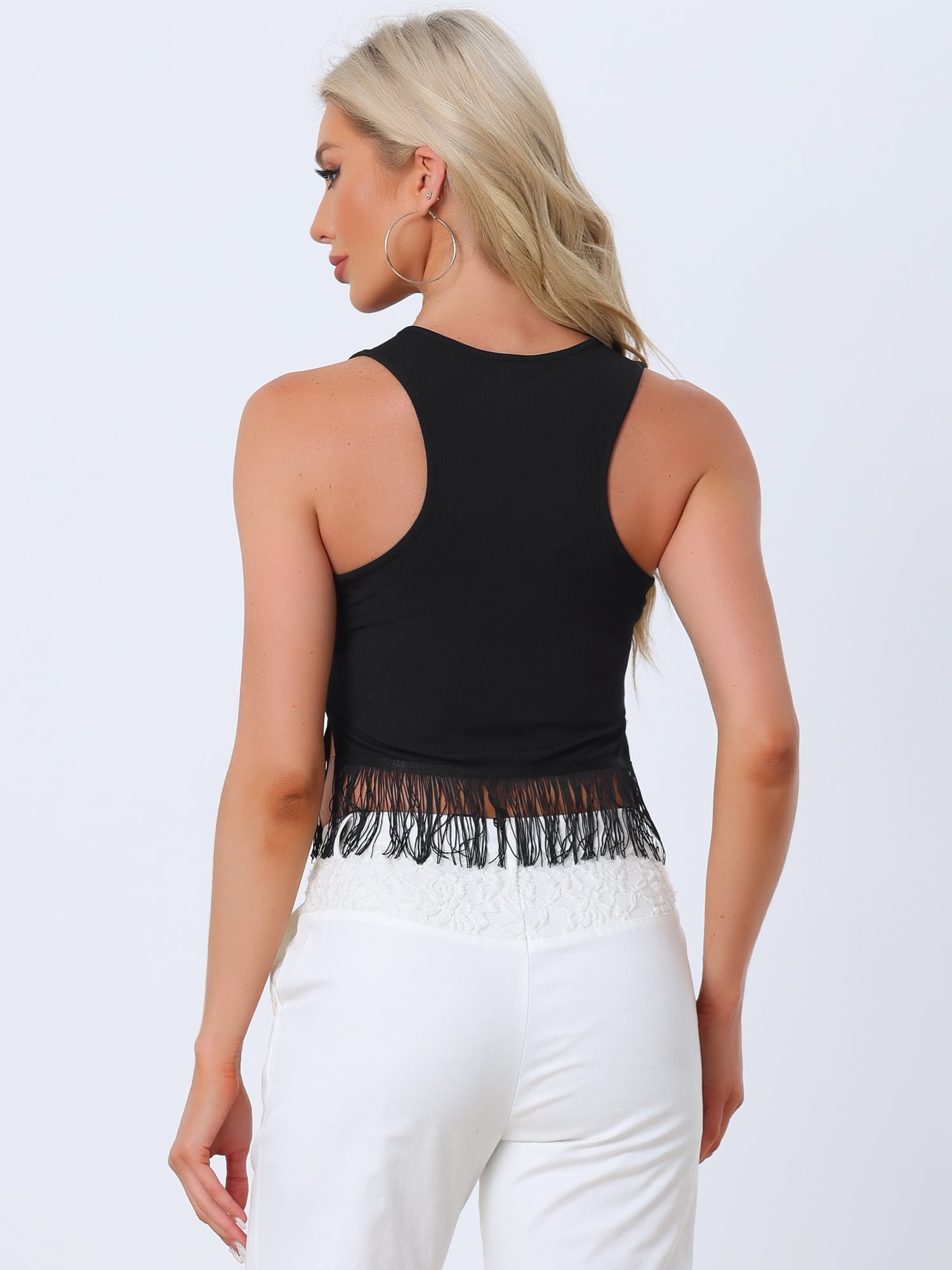 DARING DIVA Women's Ribbed Knit Tank Crew Neck Crop Tassel Trim Vest XL Black