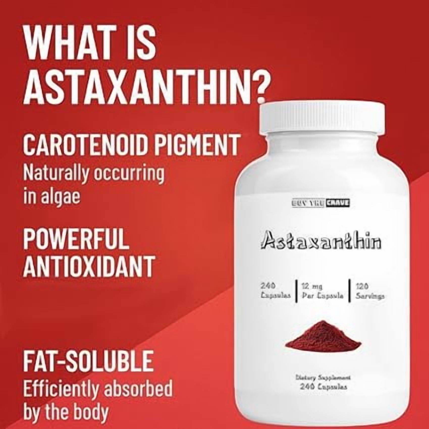 Buy The Crave Astaxanthin 12mg Extra Strength, Antioxidant Support, 240 Capsules (120 Servings), Gluten Free