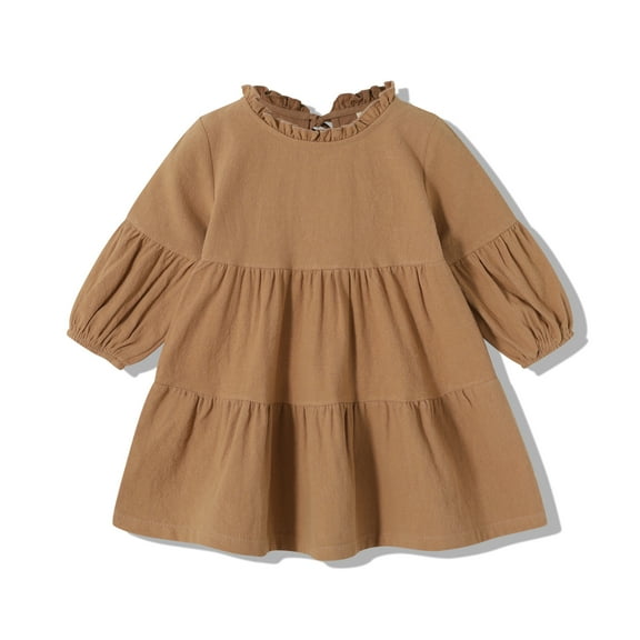 Happy Town Toddler Baby Girls Dress 6M-4T Fall Winter Long Sleeve Dress Lantern Solid Color Girls Clothes