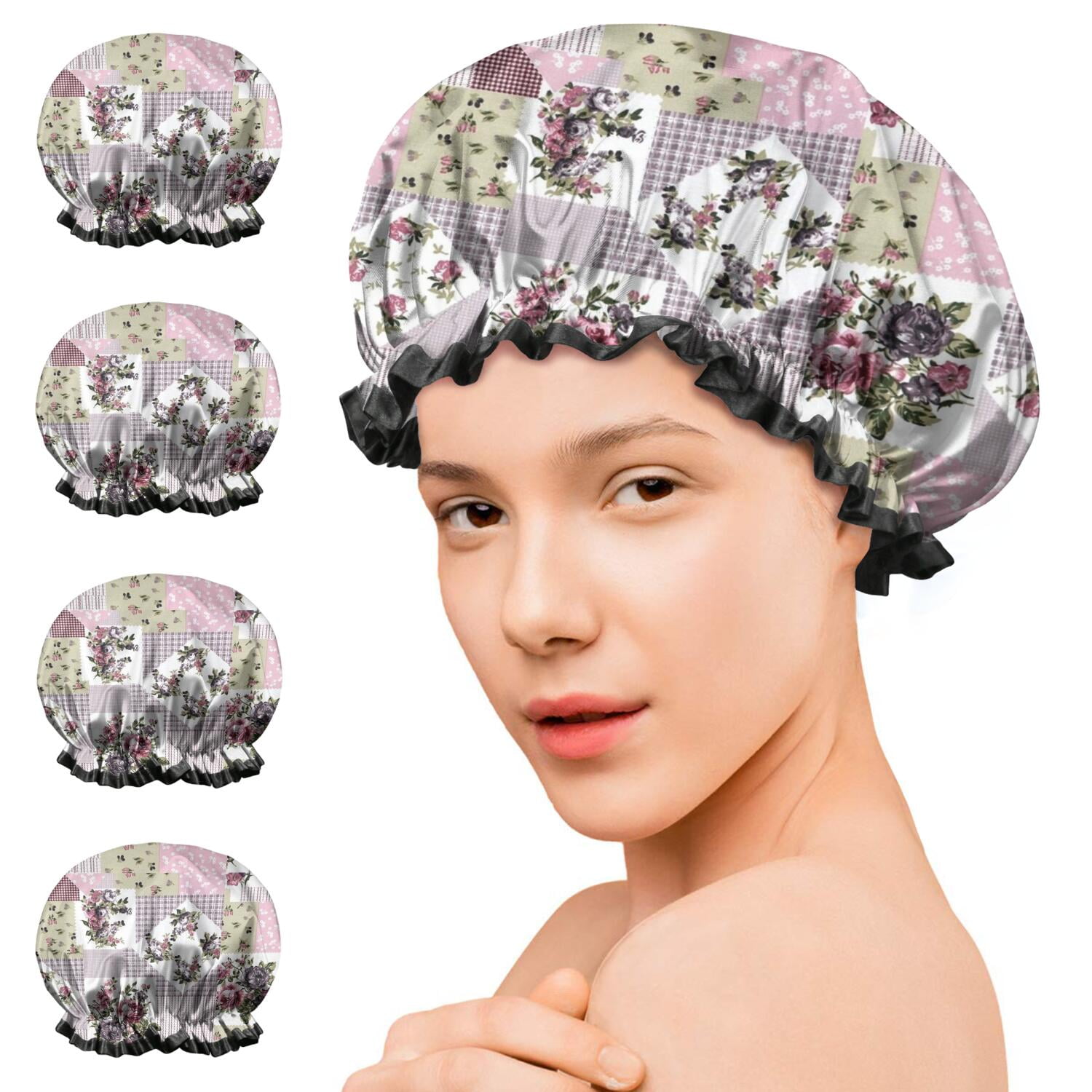 Shower Caps,Pioneer Flower Floral Print Pattern Waterproof Shower Cap for Women 4 Pieces,Double Reusable Hair Cover for Shower PEVA Elastic Stretch Hem