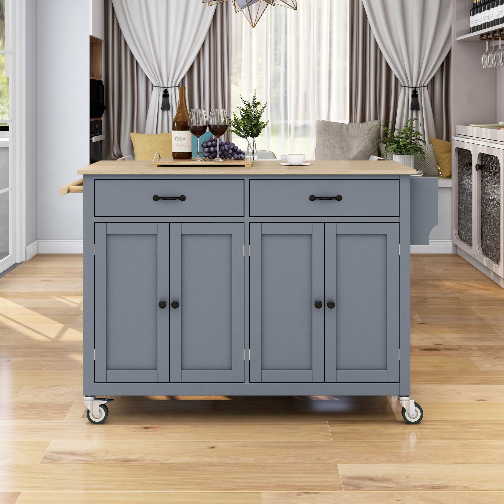DEALTOPS Rolling Kitchen Islands with Adjustable Shelves, Wood Gray, 54.33 in