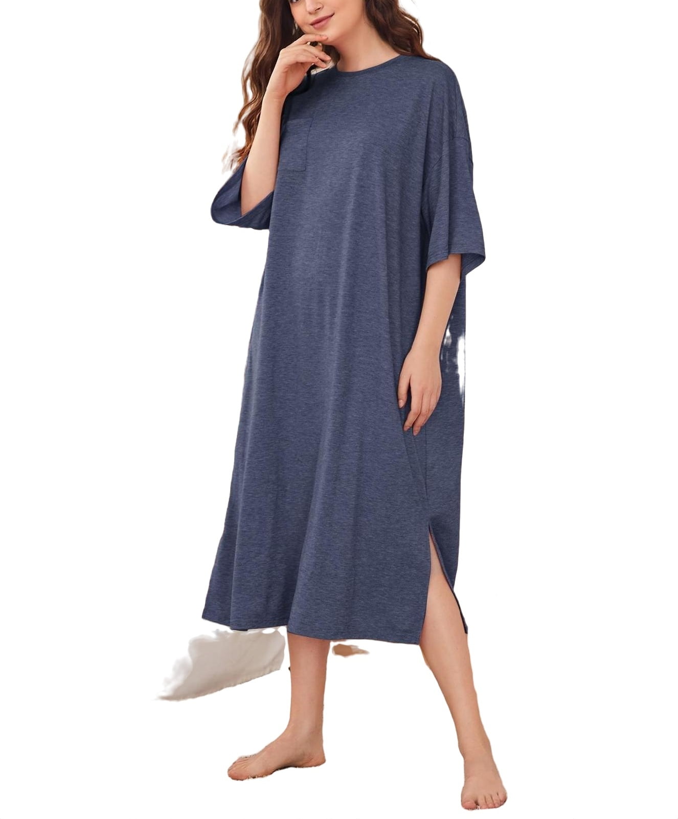 Casual Round Neck Sleepshirts 3/4 Sleeve Dusty Blue Womens Nightgowns