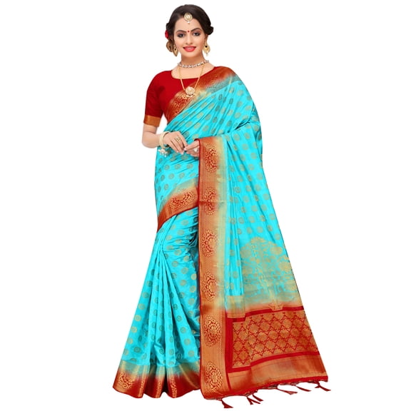 Elina Fashion Sarees For Women's Banarasi Art Silk Woven Work Saree l Indian Wedding Sari & Blouse Piece (Turquoise)