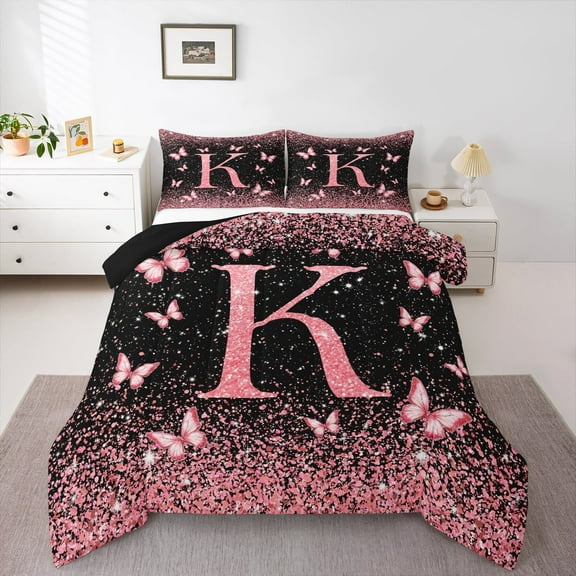 Homewish Initial K Letter Bedding Comforter Set, Black Pink Sequin Print Twin Comforter Sets, Romantic Butterfly Animal Reversible Bedding Set, Luxury Bedroom Decor, 2pcs