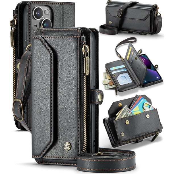Funda tipo cartera cruzada para iPhone 13 con soporte RFID, ranuras para tarjetas de carga inalámbrica anticaídas, bolso de hombro de piel sintética con correa ajustable