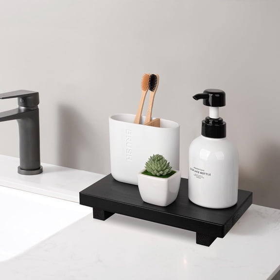 XINDUO-Bathroom Counter Organizer Wood Pedestal Stand Farmhouse Decorative Tray Soap Holder for Kitchen Decor, 9" x 6" - Black