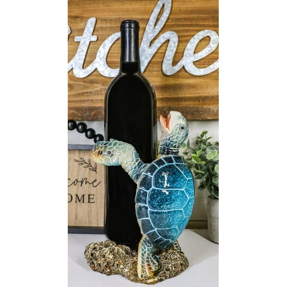 Ebros Nautical Blue Sea Turtle Wine Bottle Holder Caddy Figurine 7.5" High
