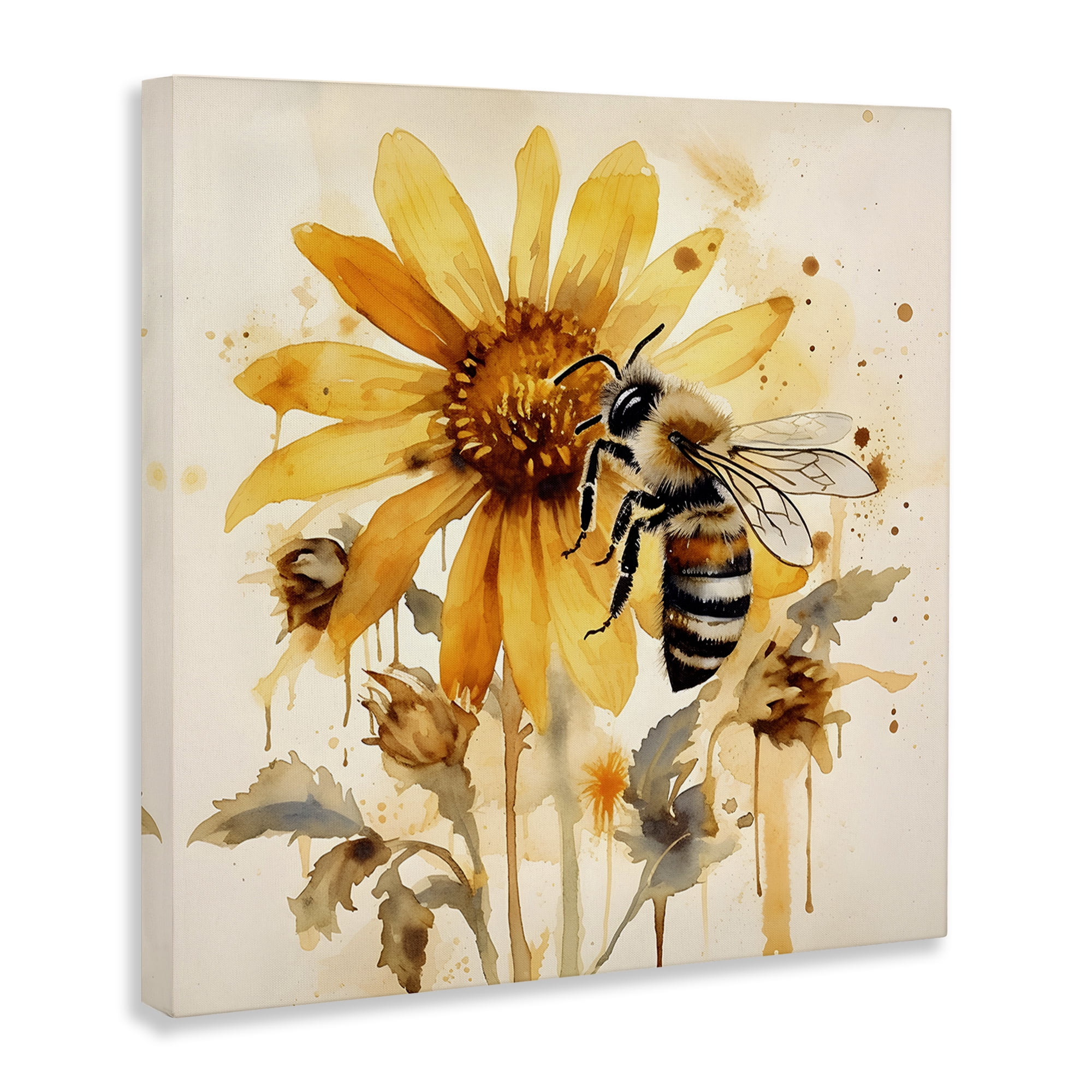 Stupell Industries Busy Bee with Flower Animals & Insects Painting Gallery Wrapped Canvas Art Print Wall Art, 17 x 17