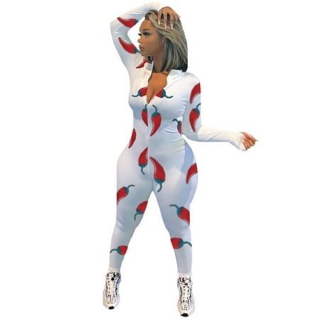 

Carolilly Women Print Bodysuit Jumpsuits Zipper Collar Long Sleeve One-piece Skinny Long Romper Pants