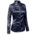thumbnail image 2 of J. METHOD Women's Satin Button Down Shirt Long Cuff Sleeve Collar Silky Office Work Formal Casual Blouse Top NEWT74 Navy L, 2 of 7