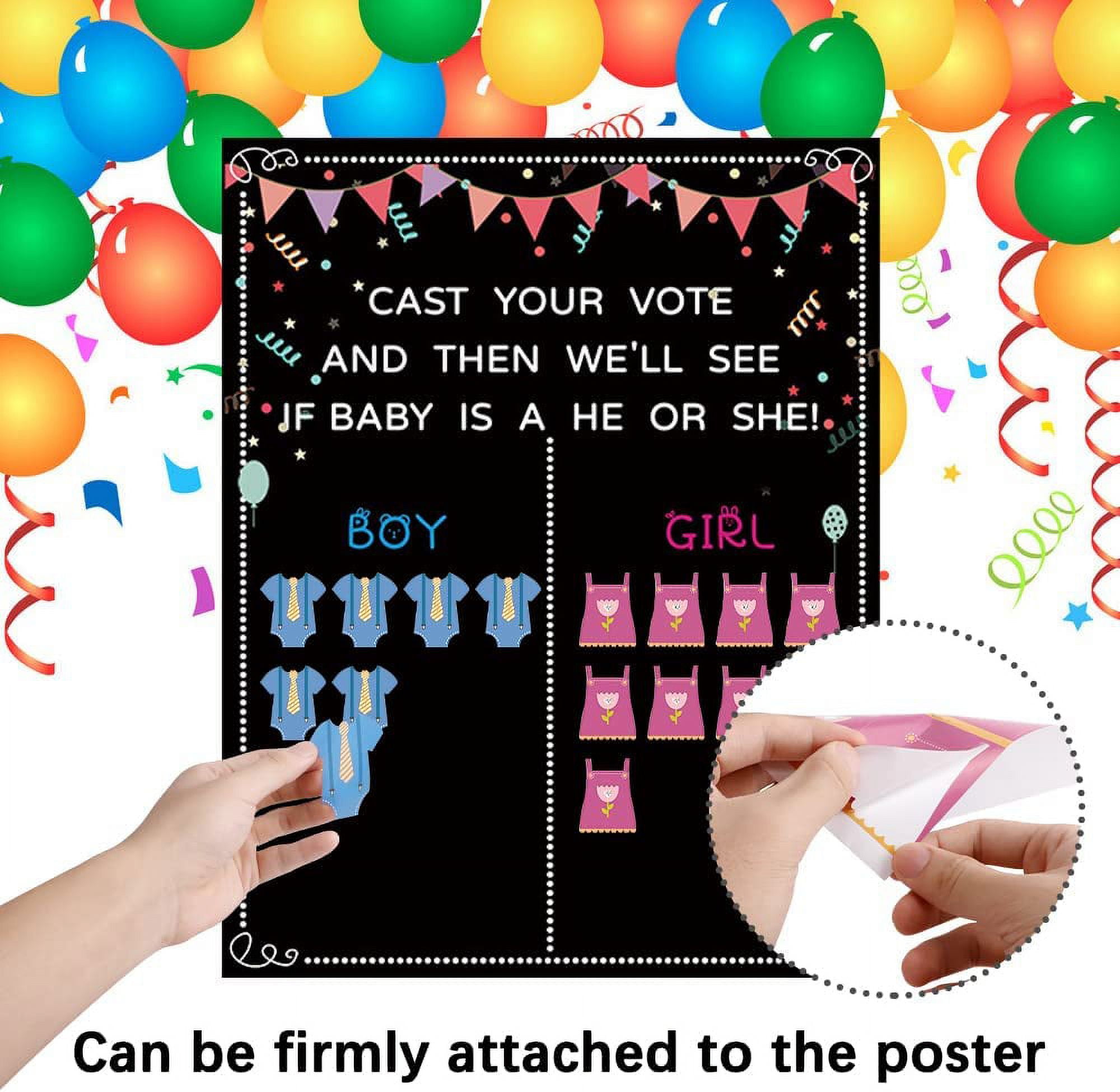 Baby Gender Reveal Decoration Set, Gender Reveal Party Poster Games with 54 Boy or Girl Voting Stickers, 26 Gender Reveal Party Supplies with Black, Pink, Blue Balloon, Baby Shower Banner