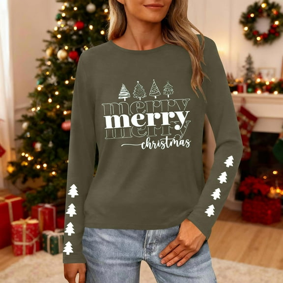 HOMBOM Army Green Tops for Women Christmas Funny Outfits Long Sleeve Snowman Xmas Crewneck Females Blouse
