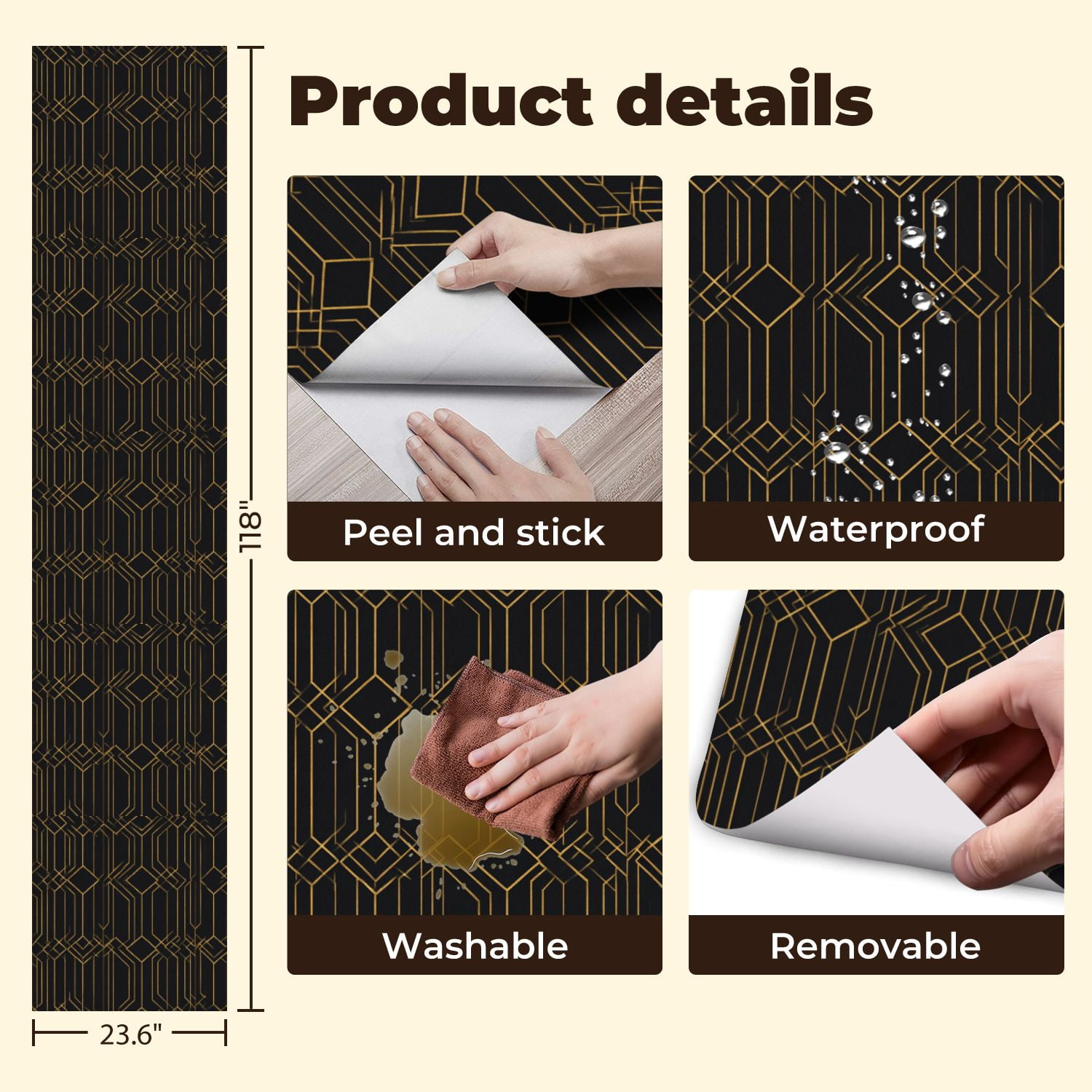 Modern Peel and Stick Wallpaper 23.6in x 9.8ft Geometric Art Deco Golden Lines Black Contact Paper Vinyl Waterproof Self Adhesive Wall Paper for Bedroom Shelf Cabinet Renter Friendly
