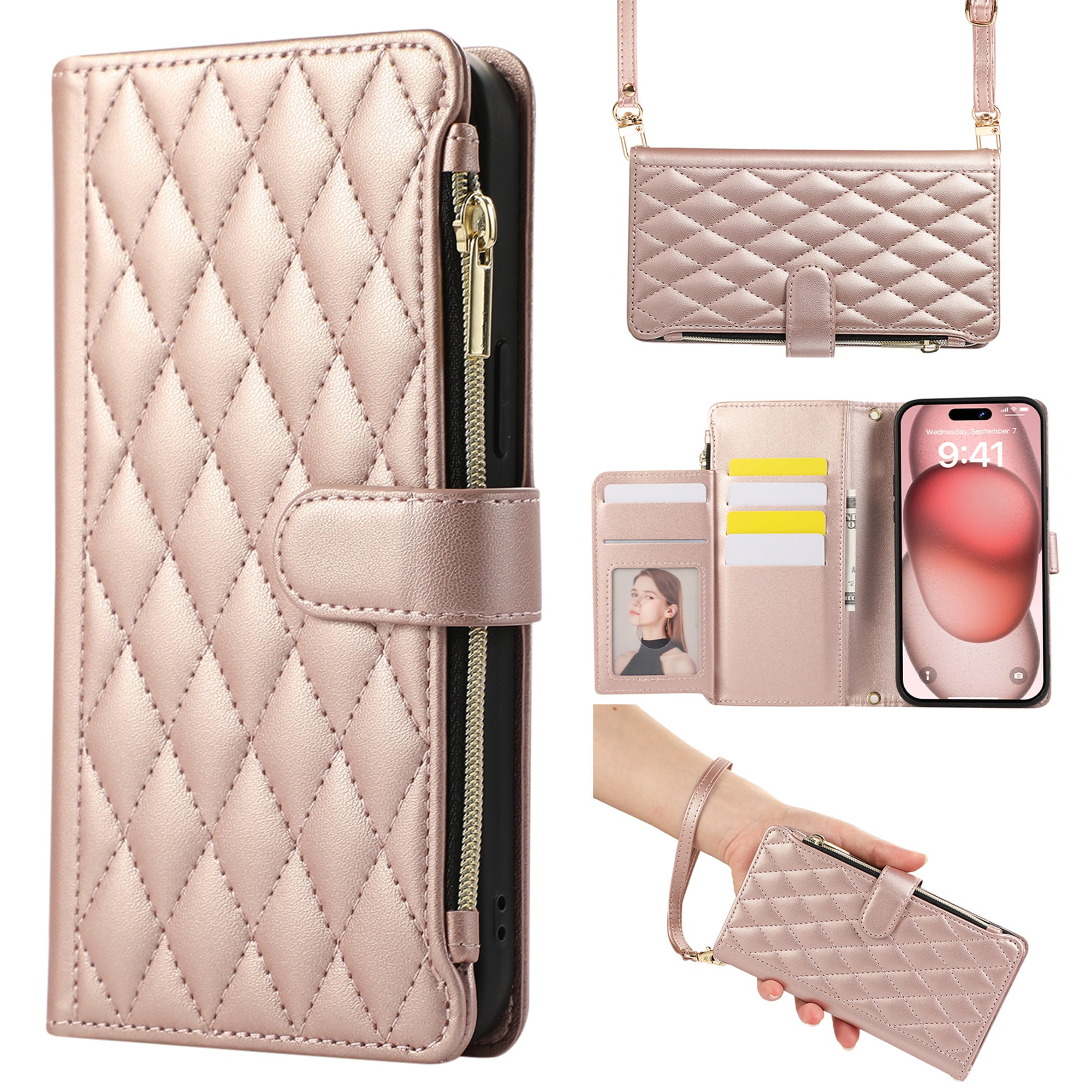 Dteck Crossbody Wallet Case for iPhone 7 / 8 / SE 2022 & 2020, 6-Card Holder Elegant Soft PU Leather Magnetic Buckle Shoulder Strap Zipper Pocket Handbag Purse Phone Case,Rosegold