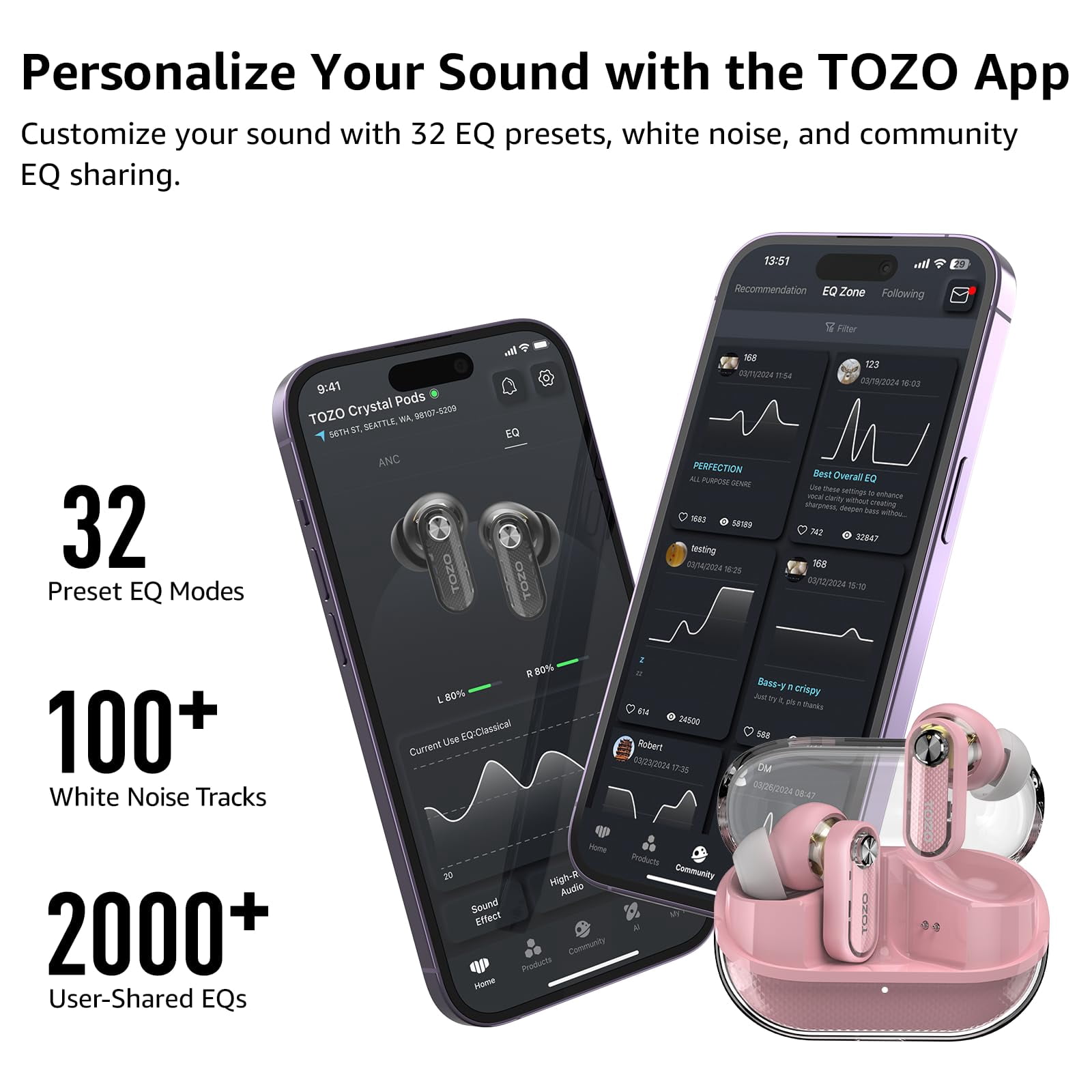 TOZO AI Translation Hybrid Active Noise Cancelling Earbuds, 100+ Languages, 70H, Smart ENC AI Calls, Stereo Bass with App-32EQ, IPX5 Waterproof Bluetooth 5.4 Headphones, Sleek Transparent Design