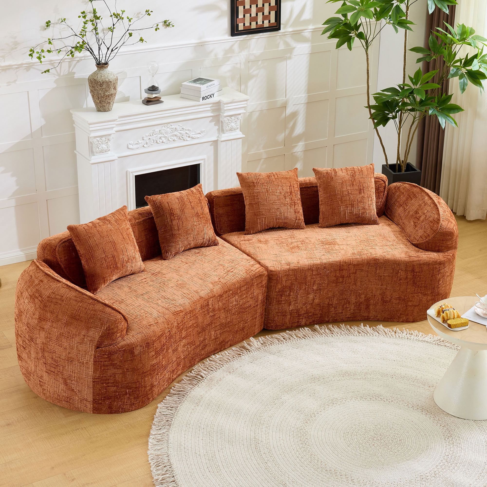 MAYEERTY 4-Seat Curved Compressed Sectional Sofa, Upholstered Cloud Modular Couch with Throw Pillows, No Assembly for Living Room Apartment Small Spaces