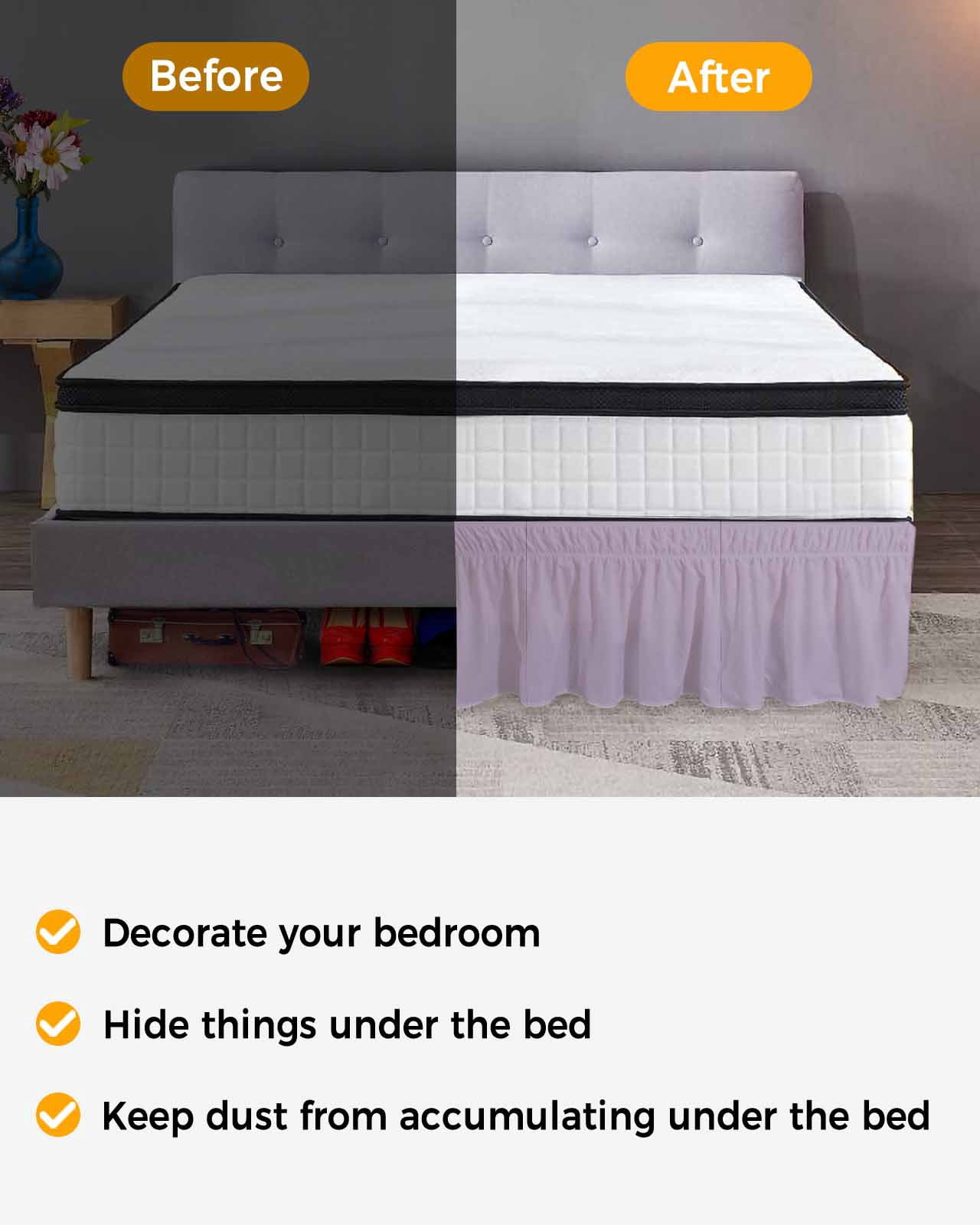Purple Solid Color Bed Skirt Queen Size 16 Inch Drop, Wrap Around Bed Skirts, Aesthetics Contemporary Luxury Elastic Bedskirt Pleated Bed Frame Cover Luxurious Dust Ruffle for Queen Bed