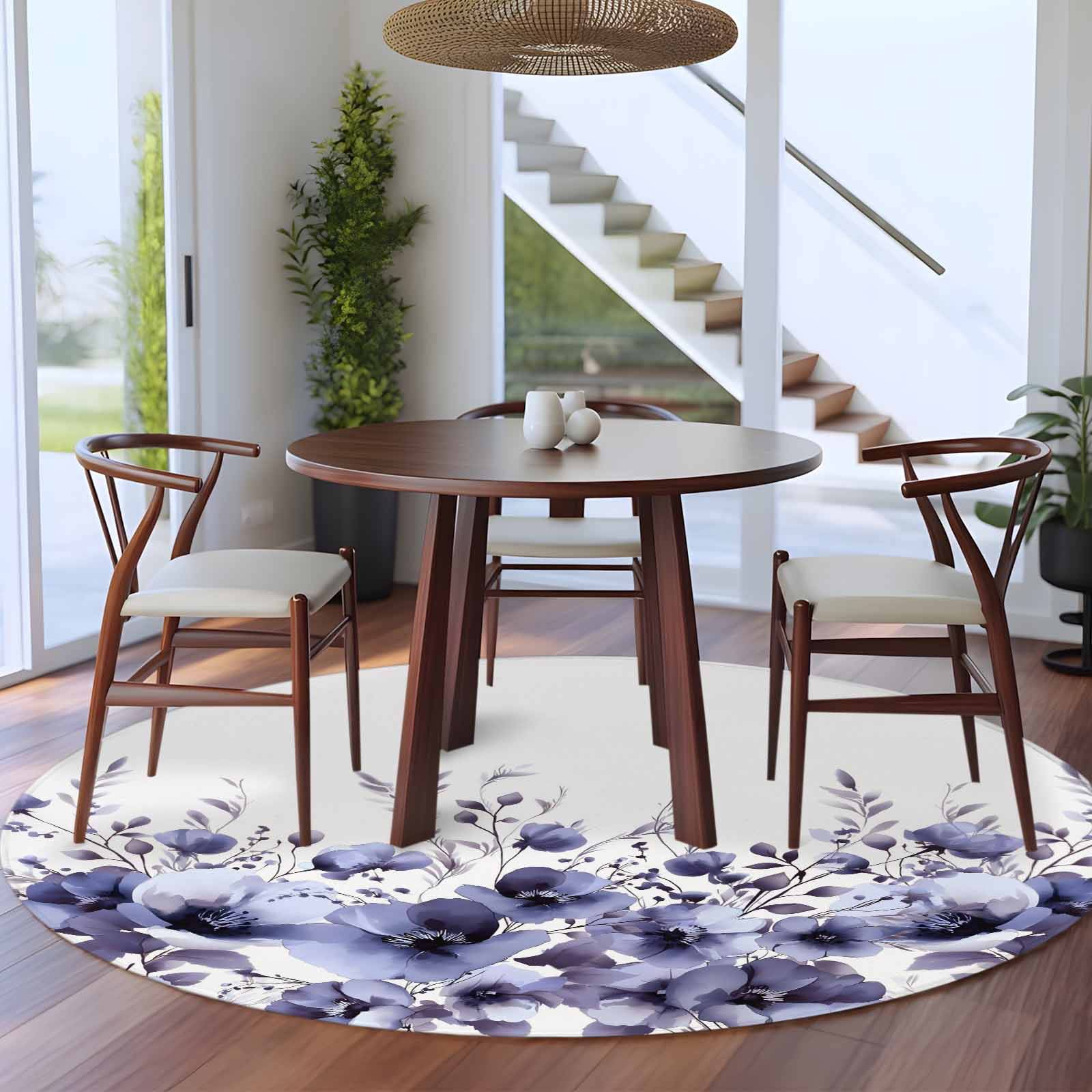Round Rug 7Ft Washable Non-Slip, Purple Blooms Floral Circle Area Rugs for Living Room Bedroom, Farmhouse Spring Flowers Botanical Indoor Floor Mats Carpet Runner for Home Decor Aesthetic