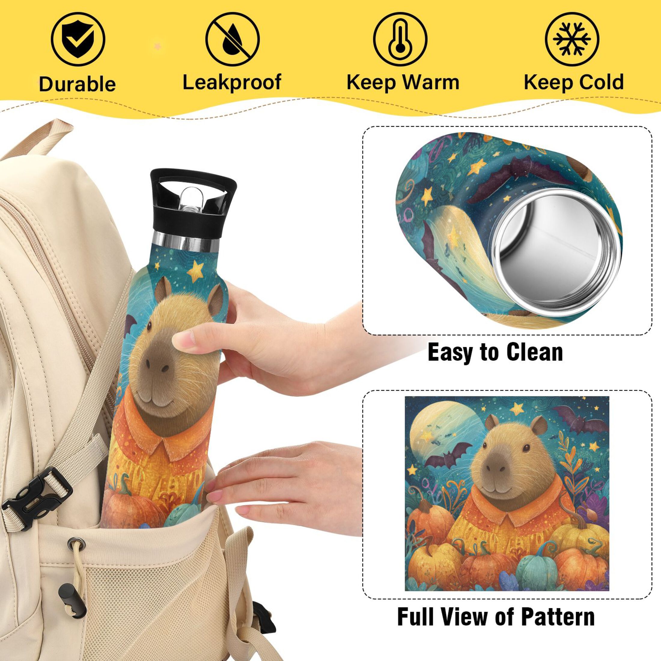 Kids Insulated Stainless Steel Sports Water Bottle 600ml (20oz) Capybara and Pumpkins