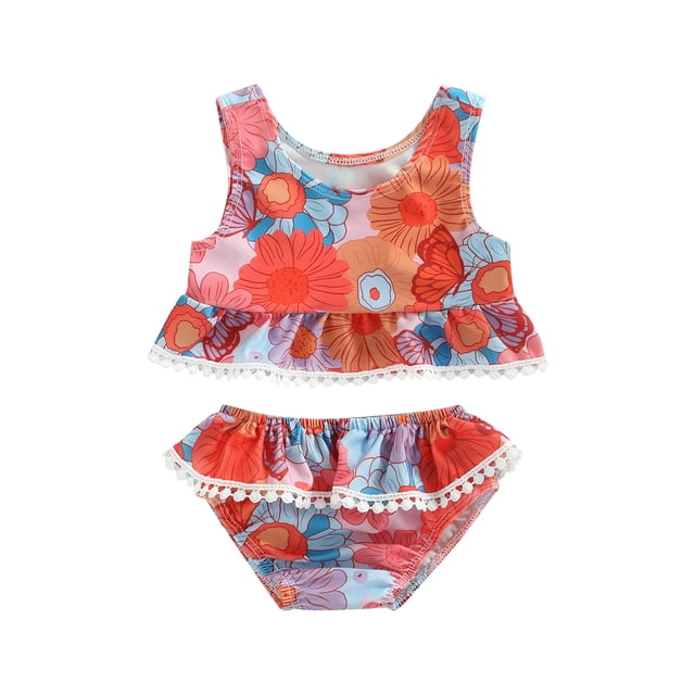 Faithtur Toddler Girls Summer Bikini Set, Floral Print Sleeveless Crew Neck A-Line Tank Tops + Ruffle Triangle Shorts Swimsuit