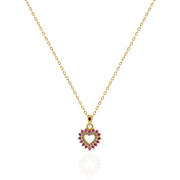 Mercie Sterling Silver Gold Vermeil Heart Pendant Necklace Pink Stone Halo Design 18 Inch Everyday Wear