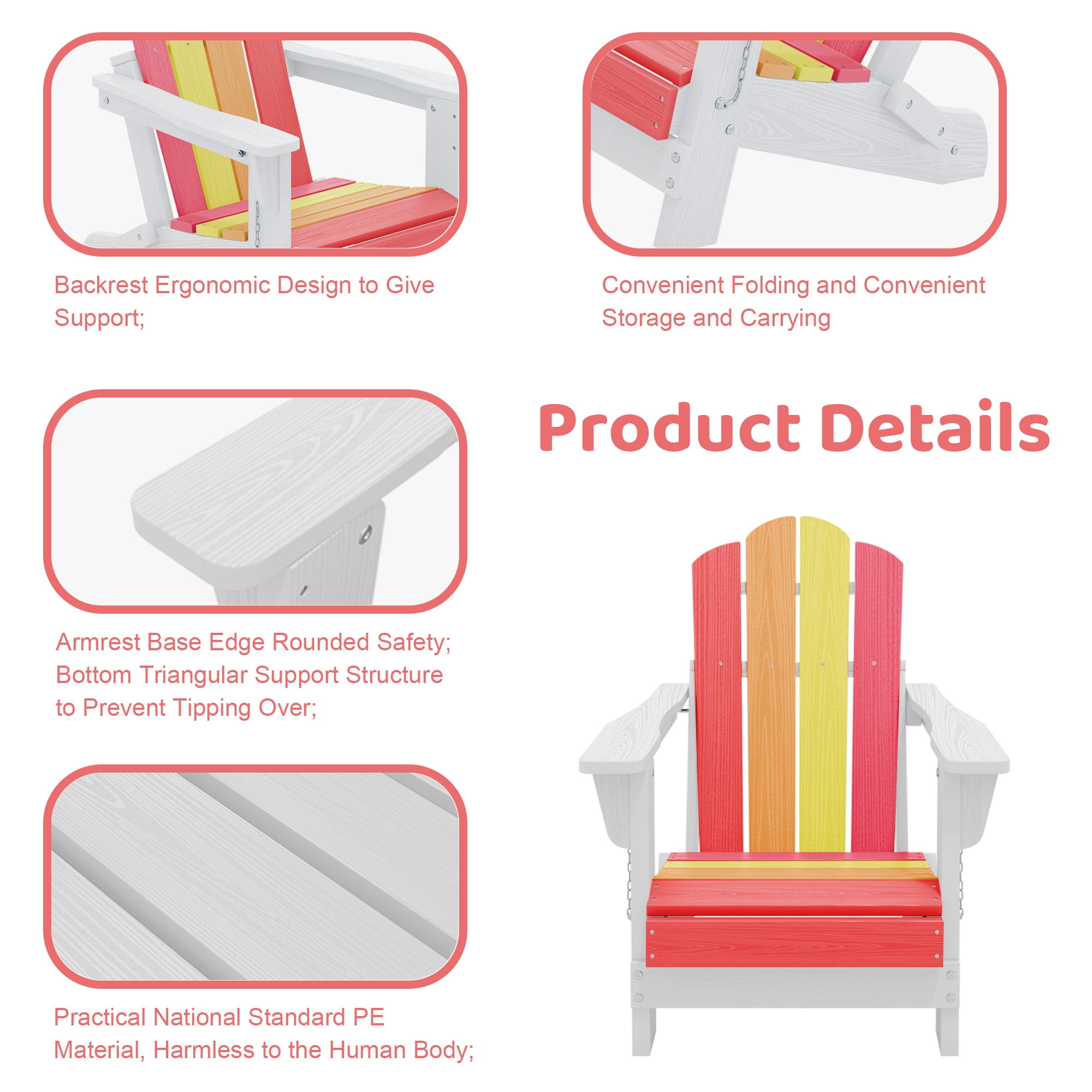 FUNDAZE HDPE Adirondack Outdoor Chair, Foldable & Weather-Resistant Patio Chair for Garden Lawn Deck,Red-to-Pink Gradient
