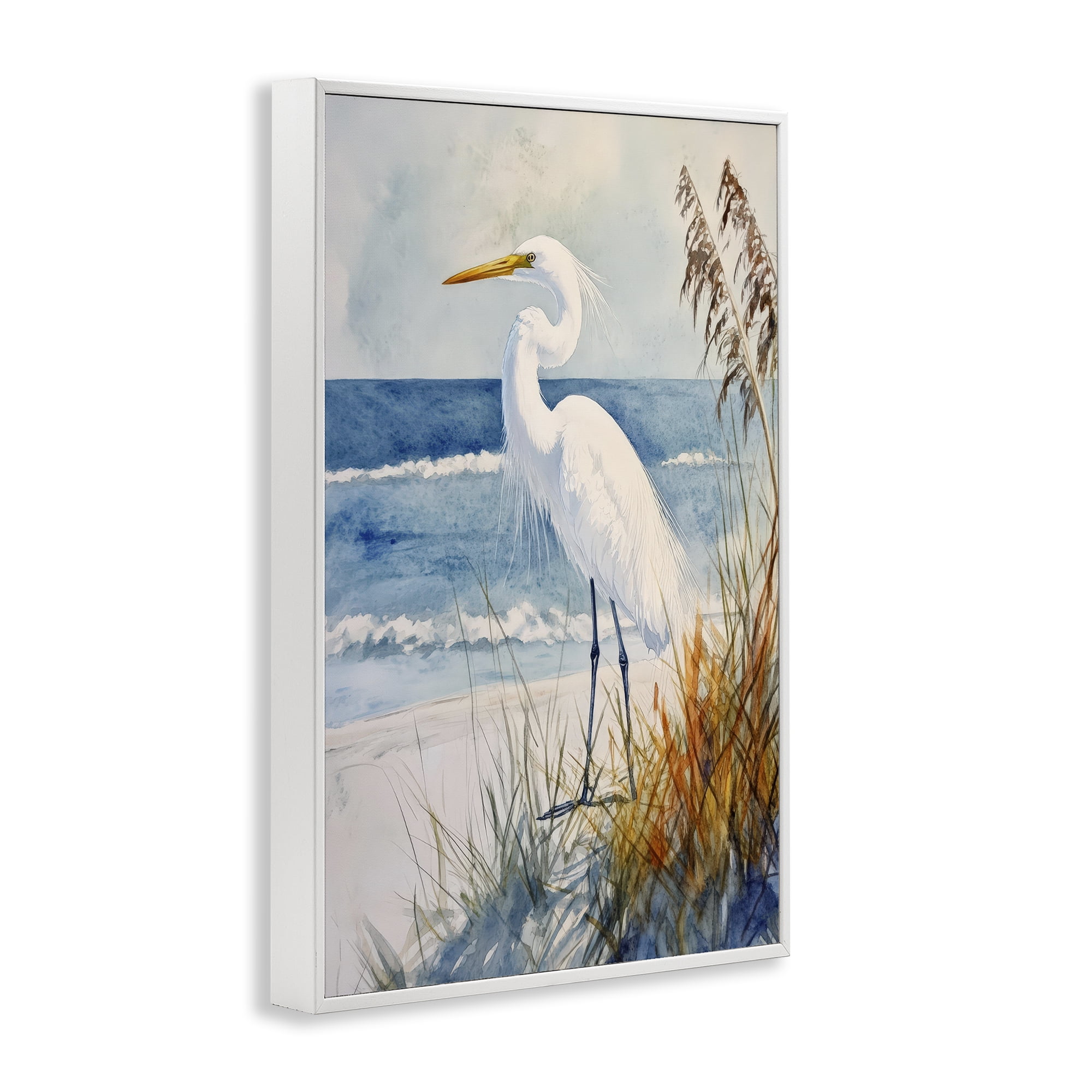Stupell Industries Egret By The Waves White Framed Giclee Art, design by Petal Prints Design