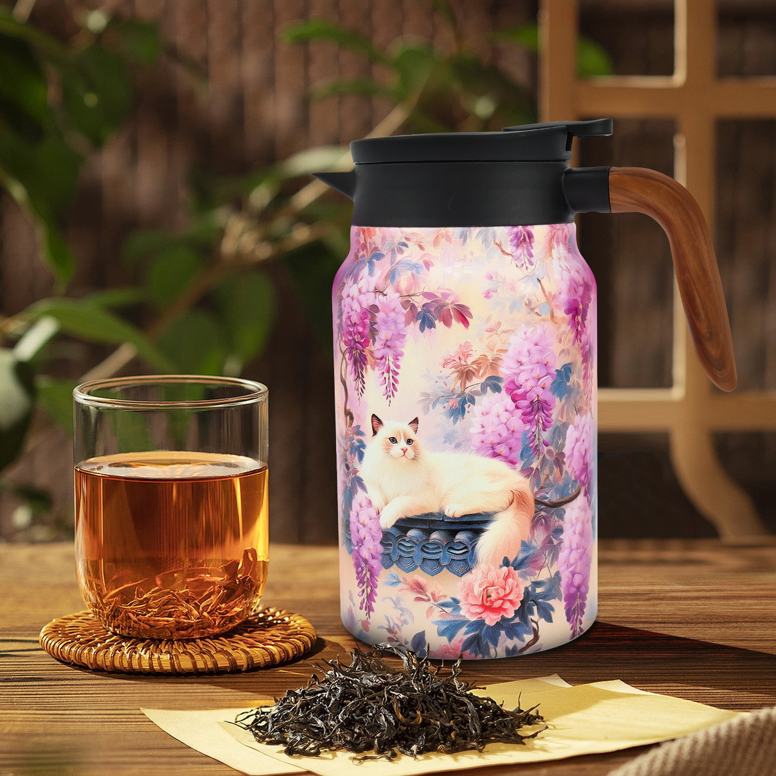 Qenwkxz 50.73 oz Insulated Teapot, Pink Vintage Floral Pattern Tea Pot with Infuser, Stainless Steel Thermal Teapot with Lid, Wooden Handle Thermal Carafe for Hot Drinks Coffee
